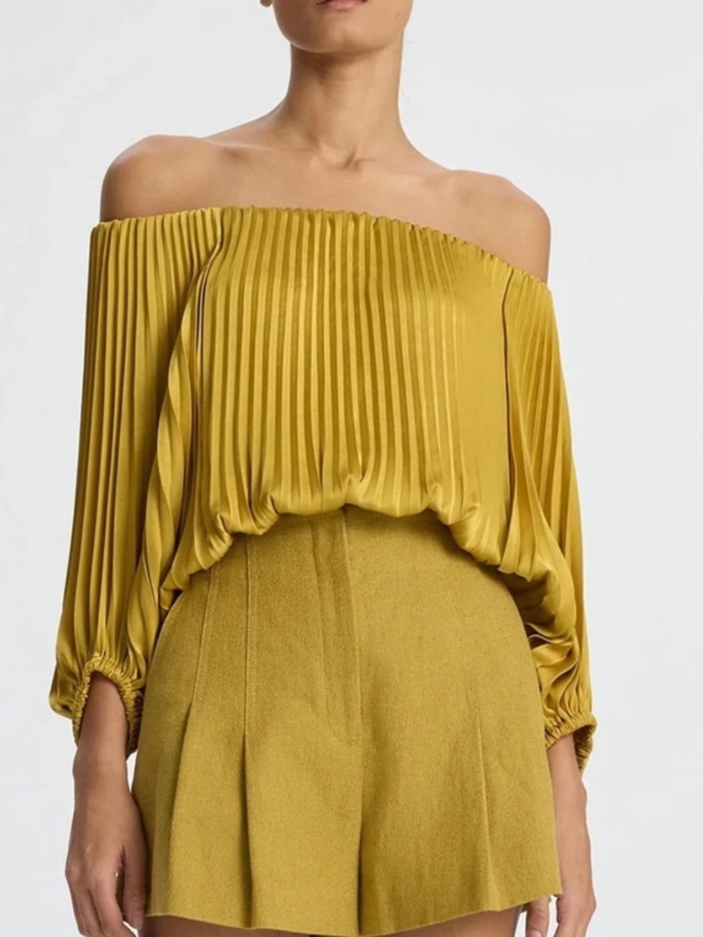 A.L.C Sienna Satin Pleated Off Shoulder Top Aged Bronze Small